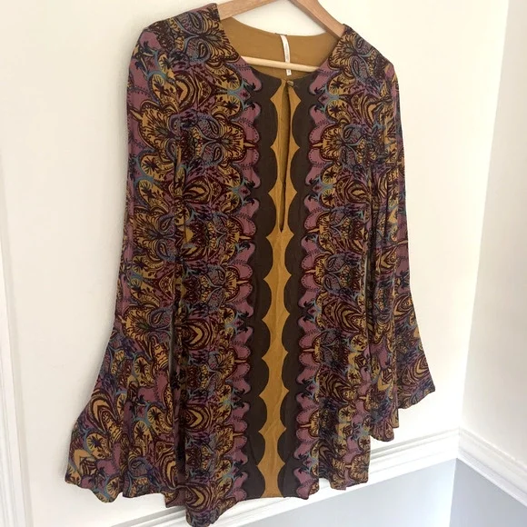 Free People Ossie Vibes Bell Sleeve Dress Tunic Gold Purple Boho Retro Size 10 - Picture 4 of 8